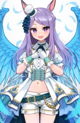  animal_ears ascot blush clothing_cutout corset cowboy_shot feathered_wings feathers female gloves green_ascot hands_on_own_chest hat highres horse_ears horse_girl kuronosu_(yamada1230) long_hair looking_at_viewer mejiro_mcqueen_(end_of_sky)_(umamusume) mejiro_mcqueen_(umamusume) midriff mini_hat mini_top_hat navel official_alternate_costume open_mouth own_hands_together purple_eyes purple_hair short_shorts shorts shoulder_cutout smile solo top_hat umamusume white_gloves white_shorts wings 