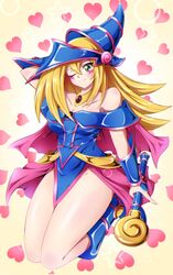  absurdres bare_shoulders blonde_hair blue_dress blue_eyes blue_footwear blue_hat blush_stickers boots dark_magician_girl dress duel_monster female hat heart heart_background highres long_hair one_eye_closed pelvic_curtain pink_skirt showgirl_skirt skirt solo sotomichi wand wizard_hat yu-gi-oh! 