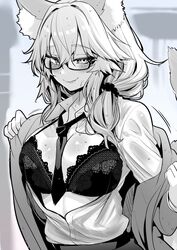  animal_ear_fluff animal_ears blush bra breasts cleavage closed_mouth coat collared_shirt dress_shirt fate/extra fate_(series) female fox_ears fox_girl fox_tail glasses greyscale hair_between_eyes highres lace-trimmed_bra lace_trim large_breasts long_hair long_sleeves looking_at_viewer low_ponytail monochrome necktie open_clothes open_shirt seductive_smile shirt side_ponytail sidelocks smile solo sweat tail tamamo_(fate) tamamo_no_mae_(fate/extra) tamamo_no_mae_(jk)_(fate) underwear undressing upper_body wisespeak 