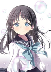  air_bubble akebi-chan_no_serafuku akebi_komichi black_hair black_sailor_collar blue_bow blue_eyes blue_neckerchief blunt_bangs bow bubble commentary_request female highres ichiyo12 long_hair long_sleeves looking_at_viewer neckerchief roubai_academy_school_uniform_(old) sailor_collar school_uniform serafuku shirt smile solo upper_body white_shirt 