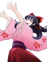  :d arms_up black_hair bow brown_eyes commentary_request female hairbow highres japanese_clothes kimono long_hair looking_up meke_(77842928) ponytail red_bow sakura_taisen shinguuji_sakura smile solo 