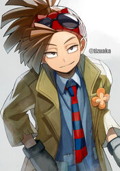  1boy bad_id bad_pixiv_id boku_no_hero_academia boutonniere brown_hair collared_jacket collared_shirt eyewear_on_head from_above gloves grey_eyes half-closed_eyes headband highres jacket long_bangs looking_at_viewer male_focus necktie patchwork_clothes ponytail red_headband rody_soul shirt simple_background smile smirk solo striped_necktie sunglasses tonbanlove twitter_username upper_body vest watermark white_background 