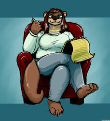  2021 4_toes 5_fingers anthro bent_legs big_breasts blue_eyes breasts brown_body brown_claws brown_fur brown_hair brown_nose chair claws clothed clothing crossed_legs danji-isthmus digital_media_(artwork) feet female fingers fur furniture hair hi_res holding_object holding_pen holding_writing_utensil jewelry leg_over_edge leg_over_thigh lined_paper long_hair looking_at_viewer mammal meredith_(theryeguy) mustelid necklace note_pad note_pad_on_lap notebook object_on_lap on_armchair on_chair otter over_edge pen simple_background sitting sitting_on_chair slightly_chubby smile solo tail_over_edge therapist toe_claws toes topwear whiskers writing_utensil 