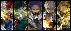  5boys arm_guards bad_id bad_pixiv_id bakugou_katsuki belt_collar black_border black_gloves black_jacket black_shirt blonde_hair blue_eyes blue_jumpsuit boku_no_hero_academia border burn_scar cape clenched_hand collar column_lineup costume cropped cryokinesis disc_shooter electricity electrokinesis explosion explosive fingerless_gloves fire freckles full_cowling_(boku_no_hero_academia) furrowed_brow gloves green_eyes green_gloves green_hair green_jumpsuit grenade grey_eyes hair_between_eyes hand_on_own_face harness heterochromia high_collar highres ice jacket jumpsuit kaminari_denki lightning_bolt_symbol long_bangs looking_at_viewer looking_away male_focus mask midoriya_izuku mouth_mask multicolored_hair multiple_boys muscular muscular_male narrowed_eyes open_hand parted_bangs pectoral_cleavage pectorals purple_hair pyrokinesis red_eyes red_hair scar scar_across_eye scar_on_face scarf serious shinsou_hitoshi shirt short_hair sideburns skin_tight sleeveless smirk spiked_hair straight_hair streaked_hair todoroki_shouto tonbanlove toned toned_male torn_cape torn_clothes twitter_username two-tone_hair upper_body v-neck v-shaped_eyebrows white_gloves white_shirt yellow_eyes 