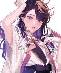  black_hair colored_inner_hair english_commentary female genderswap_(mtf) gloves highres long_hair looking_at_viewer multicolored_hair nijisanji nijisanji_en orange_hair parted_lips pink_hair purple_eyes rule_63 shu_yamino shu_yamino_(1st_costume) solo streaked_hair tsuntsun_art upper_body virtual_youtuber white_background white_gloves wings 