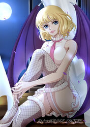  bat_wings blonde_hair breasts dress female fishnet_thighhighs fishnets full_moon high_heels highres looking_at_viewer moon necktie night night_sky one_piece pink_lips pink_necktie rider_(orange_couture) short_hair sky solo stussy_(one_piece) thighhighs vampire white_dress white_footwear wings 