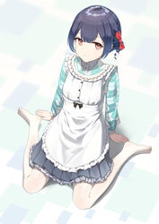  absurdres apron blue_hair bow dress female frilled_apron frilled_dress frills hairbow highres idolmaster idolmaster_shiny_colors looking_at_viewer maid morino_rinze pantyhose parted_bangs red_bow red_eyes short_hair sitting solo wa_maid wariza white_pantyhose yuyu_guantou_(marky) 