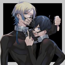  2boys black_background black_hair blue_eyes blue_hair blue_lock border closed_mouth collar commentary_request grey_border isagi_yoichi looking_at_viewer male_focus medium_hair metal_collar michael_kaiser middle_finger multicolored_hair multiple_boys muzzle open_mouth shirt tabizou thumbs_down tight_clothes tight_shirt unhappy white_hair 