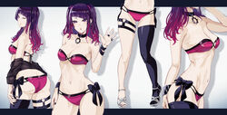  ass bad_id bad_pixiv_id bikini black_legwear black_nails breasts choker cleavage commentary diagonal_bangs earrings female highres idolmaster idolmaster_shiny_colors jewelry long_hair looking_at_viewer minyom multiple_views navel one_eye_closed purple_bikini purple_eyes purple_hair reference_sheet sandals single_thighhigh swimsuit tanaka_mamimi thighhighs 