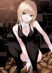  absurdres bare_shoulders black_thighhighs blonde_hair blue_eyes breast_hold breasts buttons cleavage coffee-kizoku coffee_beans detached_collar feet female full_body head_tilt highres leotard long_hair looking_at_viewer medium_breasts medium_hair mele_retanagua open_mouth original parted_lips scan simple_background sleeveless smile solo thighhighs thighs wrist_cuffs 