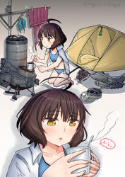  ahoge blue_panties blue_sports_bra blunt_bangs brown_eyes brown_hair camping commentary_request cooking cup dress_shirt female highres kantai_collection kishinami_(kancolle) machinery multiple_views onguuchi panties shirt shirt_on_shoulders short_hair smokestack sports_bra tent underwear unworn_clothes wavy_hair white_shirt 