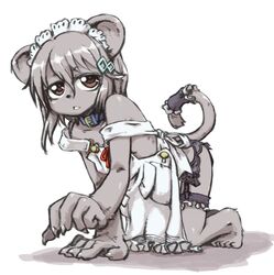  accessory all_fours anthro antlion_(artist) apron brown_eyes clothed clothed_anthro clothed_female clothing collar felid feline female female_anthro fur furgonomics garter_belt garter_straps grey_body grey_fur grey_hair hair hair_accessory hairclip kemono male mammal solo tail tail_accessory tailband 