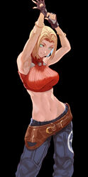  alternate_eye_color aqua_eyes armpits arms_up backlighting baggy_pants bangle bare_shoulders belt belt_skirt black_background blonde_hair blue_mary blue_pants bob_cut bracelet breasts bright_pupils closed_mouth commentary contrapposto crop_top english_commentary eyebrows_hidden_by_hair fatal_fury feet_out_of_frame female fingerless_gloves forehead glint gloves gold groin hair_intakes halterneck highres jewelry laio linea_alba looking_at_viewer loose_belt lowleg lowleg_pants medium_breasts medium_hair midriff muscular muscular_female navel necklace nose pants parted_hair perky_breasts putting_on_gloves red_shirt ribbed_shirt shirt simple_background smile smirk solo standing star_(symbol) straight_hair taut_clothes taut_shirt the_king_of_fighters the_king_of_fighters_xv turtleneck 