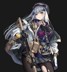  assault_rifle black_gloves black_headwear black_pantyhose cenangam clukay_(neural_cloud) female girls&#039;_frontline girls&#039;_frontline_neural_cloud gloves green_eyes grey_hair grey_skirt gun h&amp;k_hk416 hair_ornament hairpin highres hk416_(girls&#039;_frontline) jacket multiple_hairpins pantyhose purple_shirt rifle shirt skirt solo weapon white_jacket 