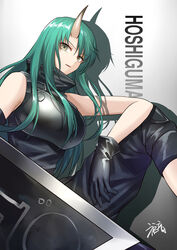  arknights armor bare_arms bare_shoulders black_gloves black_pants black_shirt breastplate breasts character_name drop_shadow feet_out_of_frame female gloves gogatsu_fukuin gradient_background green_hair grey_background grey_eyes hair_between_eyes hannya_(arknights) high_collar highres horns hoshiguma_(arknights) knee_up large_breasts long_hair looking_at_viewer pants parted_lips shield shirt signature single_horn sitting sleeveless sleeveless_shirt solo 