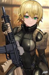  :3 assault_rifle blonde_hair bodysuit breasts commission female frogs_(metal_gear) green_eyes gun highres holding holding_gun holding_weapon looking_at_viewer m4_carbine m4_sopmod_ii medium_breasts metal_gear_(series) metal_gear_solid metal_gear_solid_4:_guns_of_the_patriots original rifle short_hair signature sitting skeb_commission smile solo sunao_(70_the) weapon 