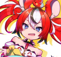  animal_ears blue_eyes bongnom collar female hakos_baelz hakos_baelz_(1st_costume) highres hololive hololive_english looking_at_viewer mouse_ears mouse_girl mr._squeaks_(hakos_baelz) multicolored_hair red_hair sharp_teeth spiked_collar spikes teeth twintails virtual_youtuber 