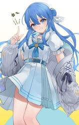  absurdres belt blue_belt blue_bow blue_bowtie blue_eyes blue_hair blue_nails bow bowtie cardigan female floating_hair grey_cardigan grin hair_between_eyes hair_bun hair_ribbon hand_up highres hololive hoshimachi_suisei hoshimachi_suisei_(school_uniform) index_finger_raised long_hair long_sleeves looking_at_viewer mimizuku_(mmiganaru) nail_polish off_shoulder official_alternate_costume official_alternate_hair_length official_alternate_hairstyle open_cardigan open_clothes pentagram pleated_skirt ribbon sailor_collar short_sleeves simple_background single_hair_bun single_side_bun skirt smile solo standing star_(symbol) star_in_eye symbol_in_eye virtual_youtuber white_ribbon white_sailor_collar white_skirt 