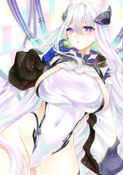  aqua_pupils azur_lane blush breasts cable covered_navel cropped_jacket female gloves hair_between_eyes hair_ornament headgear highleg highleg_leotard highres horns jacket kearsarge_(azur_lane) large_breasts leotard long_hair long_sleeves looking_at_viewer marker_(medium) mechanical_gloves mechanical_horns mimi_(mini1474) multicolored_hair purple_eyes sideboob solo streaked_hair thighs thong_leotard traditional_media very_long_hair white_hair white_jacket white_leotard 