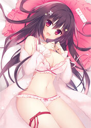  bra breasts controller female frilled_bra frills hair_ornament hairpin highres lace lace_bra large_breasts long_hair looking_at_viewer matsumiya_kiseri original panties pink_bra pink_panties remote_control ribbon smile solo underwear very_long_hair 