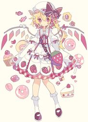  adapted_costume bag beige_background blonde_hair blush bobby_socks bow bow_on_wing bright_pupils cake candy checkerboard_cookie commentary cookie crystal cupcake dress earrings female flandre_scarlet flower_earrings food food-themed_bag food-themed_earrings food_print full_body hat hat_bow highres jewelry lollipop long_hair long_sleeves looking_at_viewer macaron mob_cap neck_ribbon nikorashi-ka pointy_ears red_bow red_eyes red_footwear red_ribbon ribbon shoes shoulder_bag side_ponytail simple_background socks solo strawberry_bag strawberry_earrings strawberry_print strawberry_shortcake sweets swirl_lollipop swiss_roll thumbprint_cookie touhou white_dress white_hat white_socks wide_sleeves wings wrapped_candy 