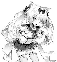  animal_ears azur_lane blush bow breasts cat_ears cat_girl collarbone crop_top female greyscale hairbow hands_on_own_hips hori_(hori_no_su) leaning_forward looking_at_viewer medium_breasts monochrome navel oerba_yun_fang open_mouth pleated_skirt simple_background skin_fang skirt smile solo thighhighs twintails white_background yukikaze_(azur_lane) 