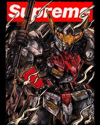  artist_name english_commentary glowing glowing_eye gundam gundam_barbatos gundam_tekketsu_no_orphans highres holding holding_weapon logo looking_down mecha no_humans robot science_fiction smoke solo stunning_warrior supreme_(brand) v-fin watermark weapon yellow_eyes 