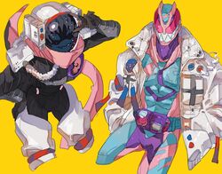  2boys armor astronaut bad_id bad_twitter_id bbbb_fex black_armor black_bodysuit blue_armor blue_eyes blue_mask bodysuit cropped_legs dinosaur dinosaur_tail extra_eyes friends hand_gesture hand_on_own_hip hands_in_pockets helmet jacket kamen_rider kamen_rider_revi kamen_rider_revice kamen_rider_vice male_focus mask masked multiple_boys pauldrons pink_armor pink_scarf purple_bodysuit purple_eyes red_eyes revice_driver rex_genome ribbed_bodysuit rider_belt salute scarf sharp_teeth shoulder_armor space_helmet squatting squinting tail teeth train travel tyrannosaurus_rex v vistamp waving white_jacket 