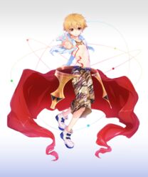  1boy absurdres bare_pectorals blonde_hair blue_background chains chest_tattoo child_gilgamesh_(fate) closed_mouth commentary_request expressionless fate/grand_order fate/hollow_ataraxia fate_(series) full_body gilgamesh_(fate) gradient_background grey_background highres looking_at_viewer male_focus mizukiraimu open_clothes open_shirt outstretched_hand pectorals red_eyes shirt shoes short_hair shorts simple_background solo standing tattoo white_background white_shirt 