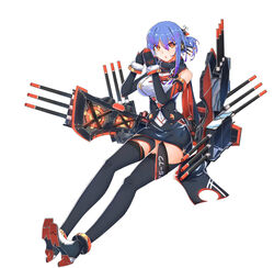  12cat alternate_costume bare_shoulders black_thighhighs blue_hair breath cannon character_name clothes_writing commentary_request elbow_gloves eyes_visible_through_hair female framed_breasts full_body gloves hair_between_eyes hair_up helena_(warship_girls_r) highres looking_at_viewer mecha_musume miniskirt mittens official_art red_eyes rigging scarf sitting skirt solo thighhighs warship_girls_r white_background winter_clothes 