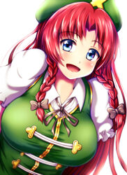  beret blue_eyes braid breasts chinese_clothes commentary_request female hair_ribbon hat hat_ornament highres hong_meiling jewelry large_breasts leaning_forward long_hair looking_at_viewer necklace puffy_short_sleeves puffy_sleeves red_hair ribbon shirt short_sleeves simple_background smile solo sotomichi star_(symbol) star_hat_ornament tangzhuang touhou twin_braids upper_body white_background white_shirt 