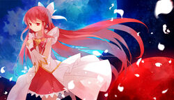  aino_megumi bow brooch commentary_request cure_lovely earrings female forever_lovely full_moon hairbow happinesscharge_precure! heart heart_brooch hiragi_rin jewelry long_hair magical_girl moon photoshop_(medium) precure red_eyes red_hair skirt smile solo very_long_hair 