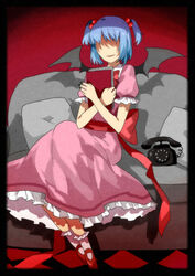  bat_wings blue_hair book commentary_request couch faceless female full_body getiao holding holding_book mary_janes oni_musume_(yume_2kki) phone shoes short_hair sitting smile solo twintails wings yume_2kki 