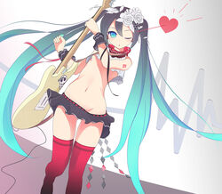  aqua_eyes bless_you_(module) breasts commentary_request electric_guitar female flower green_hair guitar gumo hair_flower hair_ornament hatsune_miku heart highres instrument long_hair midriff navel nisoku_hokou_(vocaloid) no_panties one_eye_closed photoshop_(medium) plectrum project_diva_(series) project_diva_f_2nd red_thighhighs skirt small_breasts solo thighhighs twintails underboob very_long_hair vocaloid 