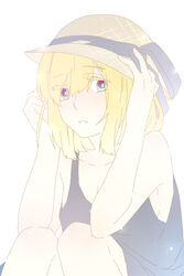  blonde_hair blue_eyes collarbone commentary_request dress expressionless female hand_on_headwear hat looking_at_viewer nishio_(nyanko2o2) parted_lips short_hair simple_background solo straw_hat usotsuki yume_nisshi 