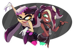  beauty_mark bellybutton callie_(splatoon) dark_skin dark_skinned_female earrings gloves green_iris green_legwear hair_covering_eye headphones hips inkling looking_at_another marina_(splatoon) midriff nickromancer21 nintendo octoling posing purple_legwear smiling splatoon splatoon_(series) splatoon_2 striped_background tentacle yellow_iris zipper 