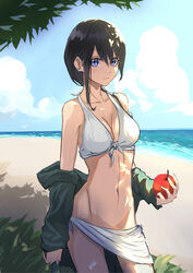  apple asymmetrical_hair beach bikini black_hair blue_eyes chinese_commentary closed_mouth coat collarbone commentary_request cowboy_shot day female food front-tie_bikini_top front-tie_top fruit hai_to_gensou_no_grimgar hair_between_eyes hair_over_shoulder halterneck highres holding holding_food holding_fruit leris_muma long_hair looking_at_viewer merry_(grimgar) navel ocean open_clothes open_coat outdoors sarong sidelocks solo swimsuit white_bikini 