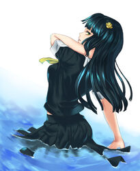  black_hair breasts female green_eyes hair_ornament kyoukai_no_rinne long_hair school_uniform shima_renge skirt water 