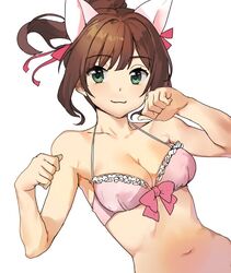  :3 alternate_hairstyle animal_ears bad_id bad_twitter_id bikini breasts brown_hair cat_ears cleavage dutch_angle female frills green_eyes hair_ribbon halterneck idolmaster idolmaster_cinderella_girls maekawa_miku medium_breasts navel paw_pose pink_bikini ponytail ribbon short_hair shovelwell simple_background solo swimsuit white_background 