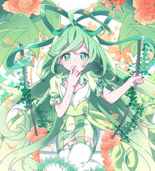  ahoge alraune_(p&amp;d) commentary_request dress female finger_to_mouth flower flower_swing green_eyes green_hair hair_ribbon lailu long_hair monster_girl plant_girl puzzle_&amp;_dragons ribbon solo swing thighhighs very_long_hair zettai_ryouiki 