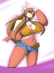  anthro anthrofied big_breasts blush breasts brown_hair day-t female generation_3_pokemon hair latias legendary_pokemon long_hair nintendo non-mammal_breasts pokemon pokemon_(species) pokemorph scalie solo yellow_eyes 