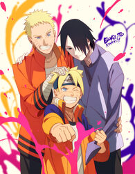  3boys ahoge black_eyes black_hair blonde_hair blue_eyes boruto:_naruto_the_movie commentary_request father_and_son forehead_protector grin hair_over_one_eye highres male_focus multiple_boys naruto_(series) oba-min one_eye_closed photoshop_(medium) smile uchiha_sasuke uzumaki_boruto uzumaki_naruto 