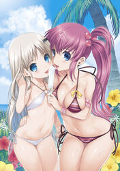  2girls adjusting_hair age_difference arm_garter bare_shoulders bat_hair_ornament beach bikini blue_eyes blush bow breasts cheek-to-cheek cleavage cloud commentary_request cowboy_shot day eating flat_chest flower food grey_hair groin hair_bobbles hair_ornament hairclip halterneck heads_together hibiscus highres hug jpeg_artifacts kiya_shii large_breasts licking little_busters! long_hair looking_at_viewer lowleg lowleg_bikini multiple_girls navel noumi_kudryavka o-ring o-ring_bikini o-ring_top ocean outdoors palm_tree parted_bangs popsicle purple_hair saigusa_haruka sexually_suggestive shared_food side-tie_bikini_bottom side_ponytail sideboob sky smile standing string_bikini striped_bikini striped_clothes swimsuit teamwork tongue tongue_out tree very_long_hair water wet white_bikini wide_hips wristband 