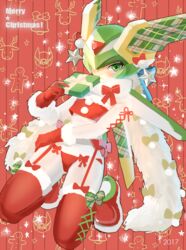  1boy androgynous android blush bow christmas commentary_request crop_top crossdressing dated fur_scarf fur_trim garter_belt gift gloves green_eyes kneeling male_focus mega_man_(series) mega_man_zero_(series) merry_christmas otoko_no_ko protected_link red_background red_bow red_footwear red_gloves sage_harpuia_(mega_man) santa_costume santa_gloves scarf scccs2 solo star_(symbol) thighhighs 