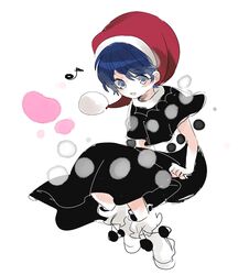  blue_eyes blue_hair blush boots capelet commentary_request doremy_sweet dream_soul dress eighth_note female full_body hat looking_at_viewer minako_(gazekura) musical_note nightcap open_mouth short_hair simple_background smile solo touhou white_background 