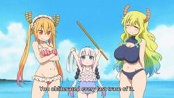  animated animated beach bikini blue_eyes blush breasts cleavage glasses gradient_hair horns kanna_kamui kobayashi-san_chi_no_maidragon kobayashi_(maidragon) large_breasts magatsuchi_shouta multiple_girls orange_eyes pink_hair quetzalcoatl_(maidragon) swimsuit tooru_(maidragon) watermelon wide_hips 