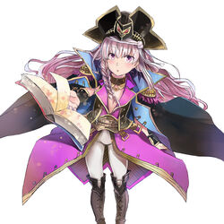  absurdres book braid commentary_request cosplay fate/grand_order fate_(series) female francis_drake_(fate) francis_drake_(fate)_(cosplay) francis_drake_(third_ascension)_(fate) francis_drake_(third_ascension)_(fate)_(cosplay) hat highres jacket jacket_on_shoulders jeffrey10 nursery_rhyme_(fate) open_book open_clothes open_shirt pants photoshop_(medium) pirate_hat purple_eyes solo white_hair 