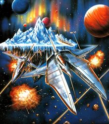  1980s_(style) aerial_battle alien asteroid battle chasing cover dogfight explosion falchion_beta fleet gradius gradius_gaiden hashizume_yoshihiro highres ice jade_knight laser lord_british no_humans official_art planet production_art promotional_art realistic retro_artstyle scan science_fiction space spacecraft star_(sky) starfighter traditional_media vic_viper video_game_cover 