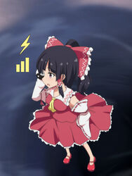  :o ascot black_hair blush bow breasts cato_(monocatienus) cellphone commentary_request detached_sleeves female frilled_shirt_collar frills hair_tubes hairbow hakurei_reimu long_hair mary_janes medium_breasts open_mouth orb phone ponytail purple_eyes red_bow red_footwear sarashi shoes signal_bar solo touhou yin_yang yin_yang_orb 