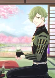  1boy cherry_blossoms commentary_request cup green_eyes green_hair hair_over_one_eye male_focus pillow rainsp seiza sitting sliding_doors smile solo touken_ranbu uguisumaru yunomi 